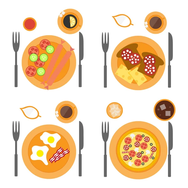 Conjunto plano de iconos del desayuno con cuatro opciones de comida: salchichas, tortilla, pizza y tostadas . — Vector de stock