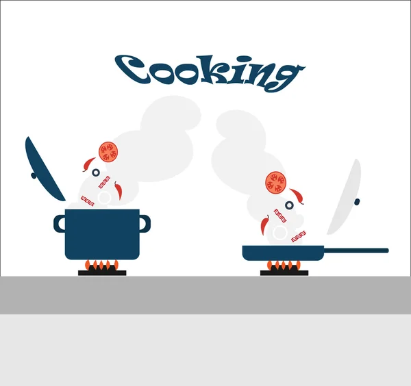 Приготовление пищи - добавление ингредиентов в кастрюлю и сковородку, стоящую на плите — стоковый вектор