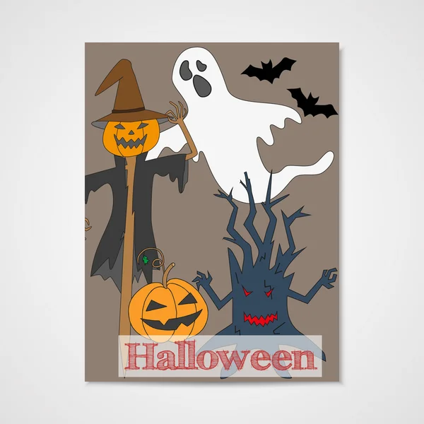 Cartão com escumalha de doodle desenhada à mão - fantasma, espantalho, abóbora e outro. Convite para festa de Halloween . —  Vetores de Stock