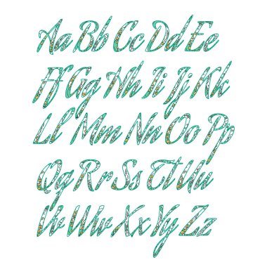 Doodle alfabesi ile soyut çiçek desenli.