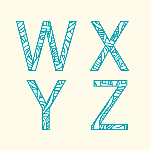 Doodle-alfabetet. Bokstaven "W", "X", "Y", "Z". — Stock vektor