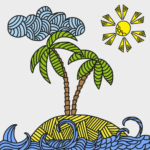 Île tropicale avec palmiers et vagues — Image vectorielle