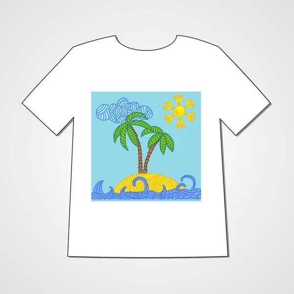 Modèle de doodle dessiné à la main avec île tropicale avec palmiers et vagues . — Image vectorielle