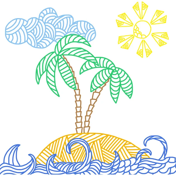 Isla tropical con palmeras y olas — Vector de stock