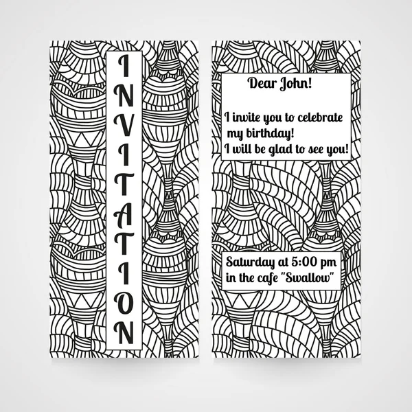 Card with hand drawn doodle pattern. Invitation for birthday. — Stock Vector
