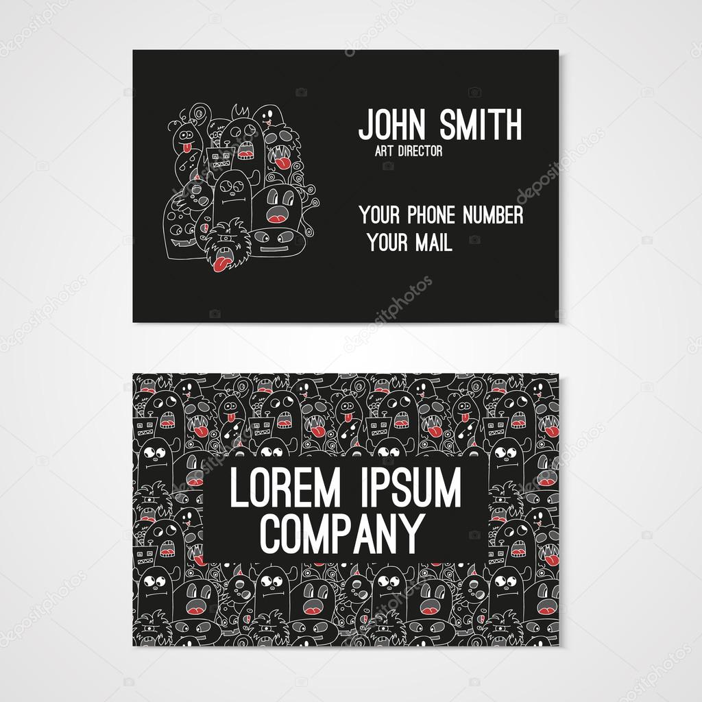 Business card template whit funny doodle monsters. Corporate identity. 