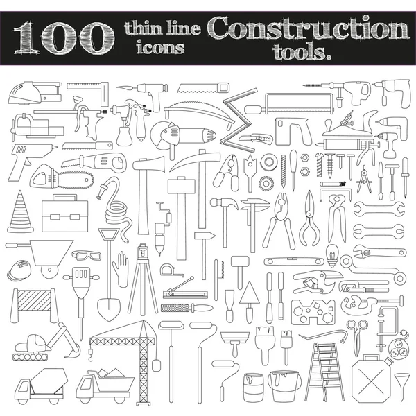 Stavební ikony - vrtačky, perforační a další nástroje. Sada 100 objektů. — Stockový vektor