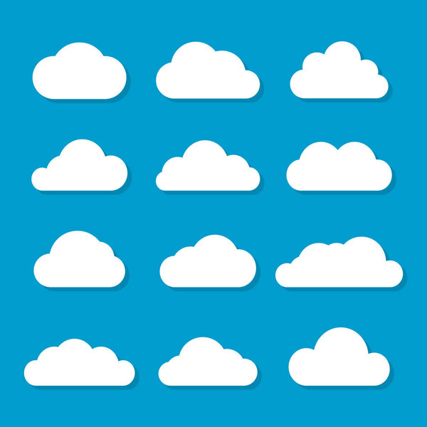 set of white clouds icon vector on blue background