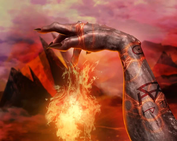 Ilustração 3D de uma mão demoníaca feitiço primeira pessoa vista . — Fotografia de Stock