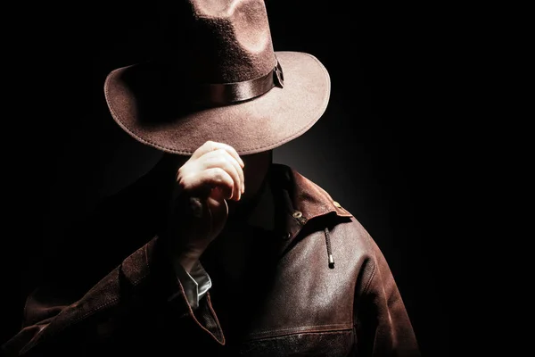 Photo Shaded Detective Jacket Hat Holding Revolver Gun Black Background — Stock Photo, Image