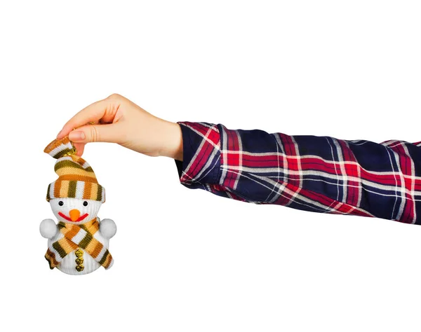 Isolated Photo Girl Hand Green Shirt Holding Snowman Decorative Toy — Stock Photo, Image