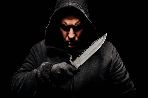 Ужасно Страшное Фото Опасного Жуткого Человека Толстовке Большим Охотничьим Ножом — стоковое фото