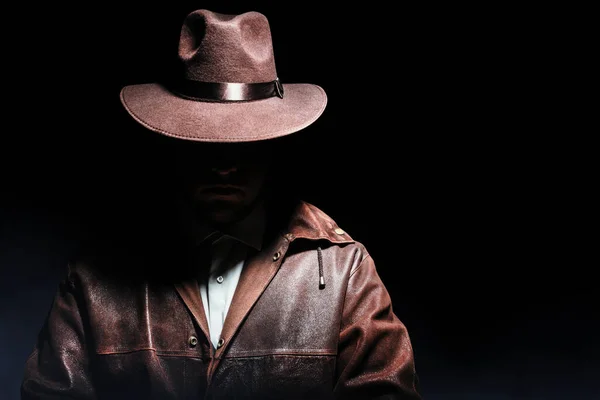Photo Shaded Detective Jacket Hat Black Background — Stock Photo, Image