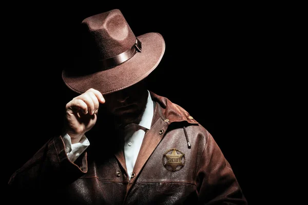 Foto Eines Schattierten Sheriff Offiziers Mit Abzeichen Jacke Cowboyhut Auf — Stockfoto