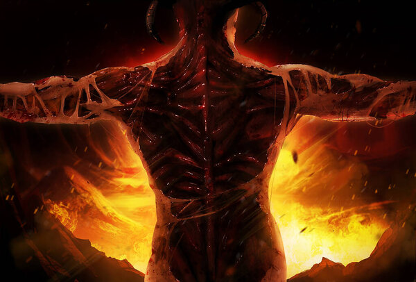 Horror illustration of a devil creature with shredded back on burning inferno background.