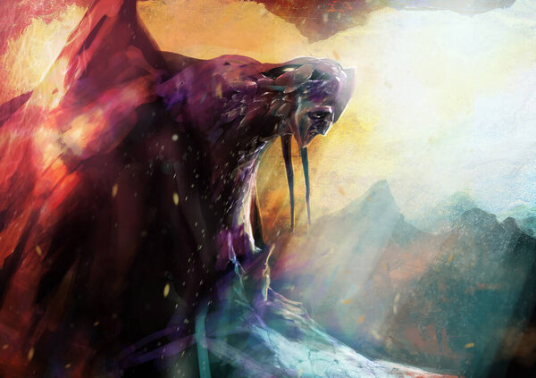 Illustrated fantasy underworld stone giant creature in mountain artwork.