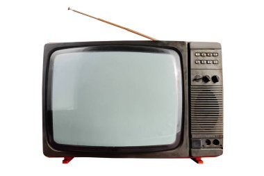 Beyaz arka planda siyah ve turuncu renkli eski bir Sovyet televizyonunun izole edilmiş fotoğrafı..
