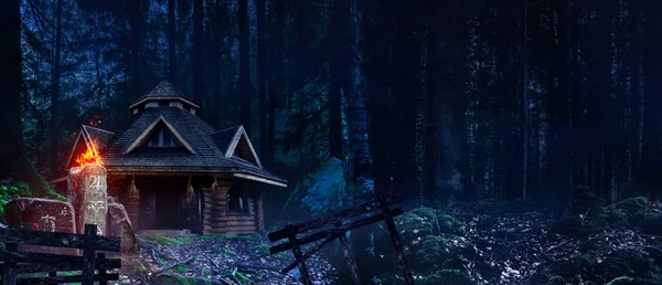 Horror Background Image Fantasy Witch House Night Woods Magic Totem — Stock Photo, Image