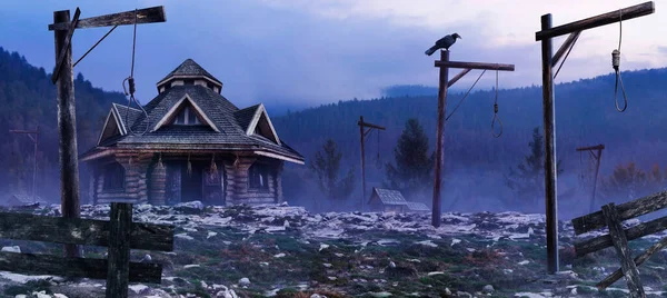 Skräck Bakgrund Bild Fantasi Häxa Hus Stående Kvällen Berg Skog — Stockfoto