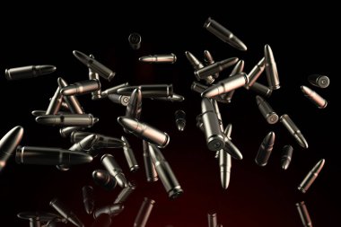 3d render illustration of metal bullets flying on dark red background close-up view. clipart