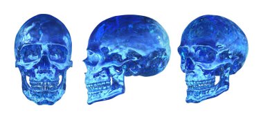 Farklı açılarda buzdan yapılmış insan kafatasının izole edilmiş üç boyutlu çizimi.