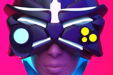 Fütürist robot miğferli ve pembe ve kırmızı arka planlı gözlüklü bilim kurgu siber punk kadın yüzünün üç boyutlu çizimi.