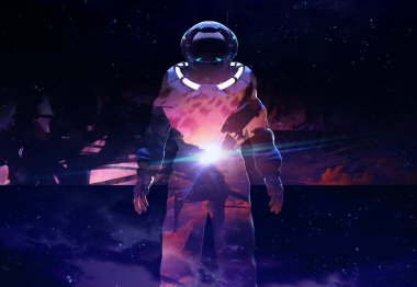 Uzay giysisi içindeki çift pozlu astronotun gökyüzü arkaplanındaki 3D çizimi.