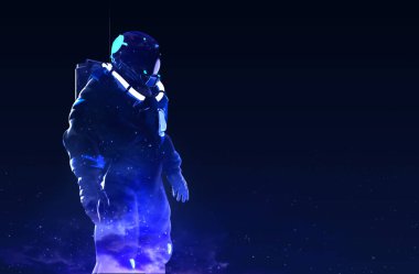 Uzay giysisi içindeki çift pozlu astronotun gökyüzü arkaplanındaki 3D çizimi.