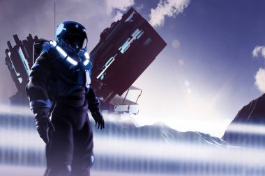 Uzaylı fütüristik kayalık gezegen yüzeyinde uzay gemisi inen astronotun 3D çizimi.