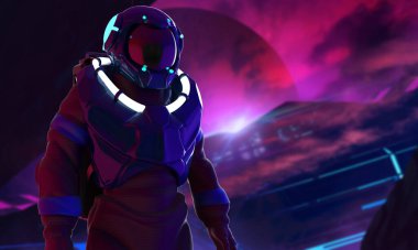 Uzaylı fütüristik mor ve mavi istasyon üzerinde uzay giysisi giymiş astronotun 3D çizimi.