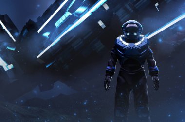 Uzaylı fütüristik kayalık gezegen yüzeyindeki uzay giysisi içindeki astronotun uzay gemisi uçağı indiğinde 3D çizimi.