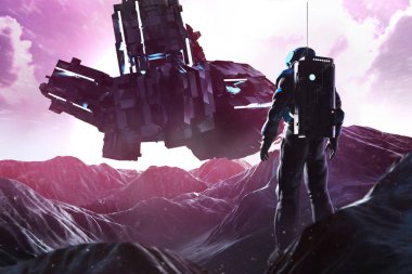 Uzaylı fütüristik kayalık gezegen yüzeyinde uzay gemisi olan astronotun 3 boyutlu çizimi.