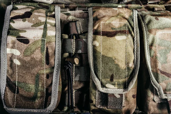 Close Photo Multi Camouflaged Soldier Vest Pouches — Stock Photo, Image