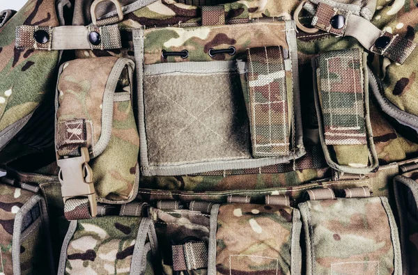 Close Photo Multi Camouflaged Soldier Vest Pouches System — Stock Photo, Image