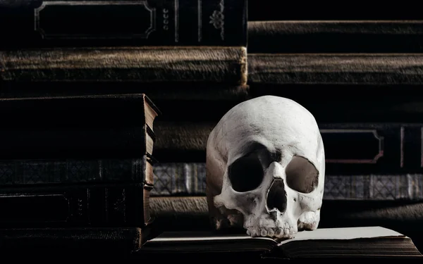 Horror Foto Stregoneria Teschio Umano Posa Vecchi Libri Libri Accatastati — Foto Stock