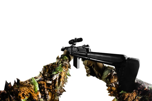Foto Isolada Primeira Pessoa Ver Braços Luvas Segurando Rifle Sniper — Fotografia de Stock