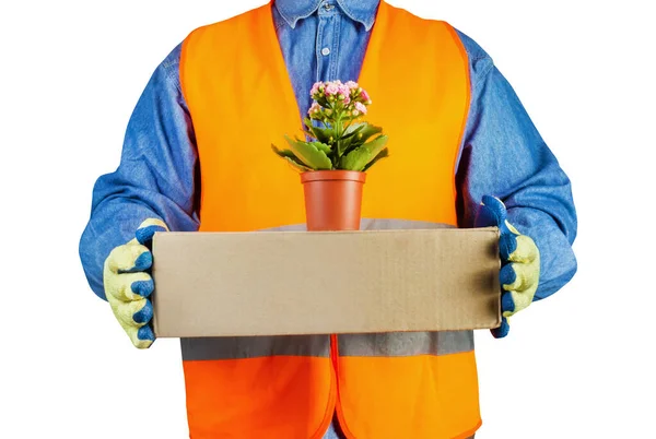 Isolated Photo Loader Worker Signal Vest Protective Gloves Holding Cardboard — Stock Photo, Image