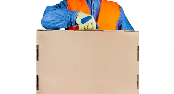 Foto Isolada Trabalhador Carregador Colete Sinal Luvas Proteção Segurando Caixa — Fotografia de Stock