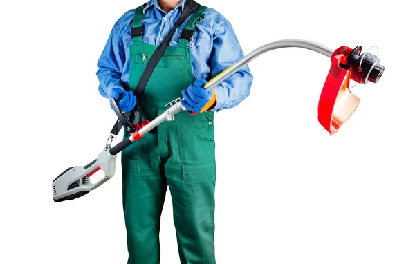 Isolated Photo Worker Green Overalls Holding Electric Garden Trimmer White — Stock Photo, Image