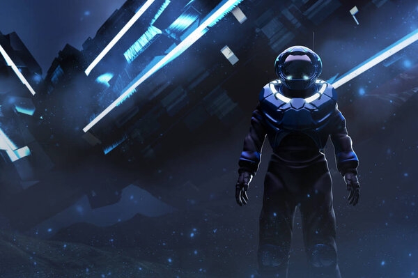 3D-рендеринг иллюстрации космонавта в скафандре на поверхности инопланетной футуристической скалистой планеты с приземлением космического корабля.