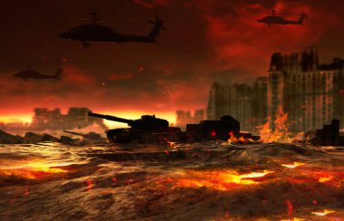 3 boyutlu savaş alanının tanklar ve helikopterlerle yıkılmış şehir arka planında, arka planda uçuşan resimlerini çizmek.