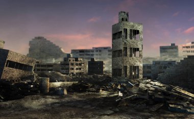Bombalanan ve harap edilen savaş alanı arka planının 3D çizimi.