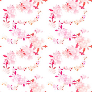 Pembe, turuncu ve kırmızı renklerle soyut, pürüzsüz, beyaz tonlu çiçek deseni çizimi.