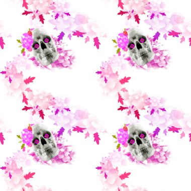 Soyut, pürüzsüz Santa Muerte tarzı beyaz renkli kafatası. Çiçek desenli, pembe, mor ve kırmızı renkli..