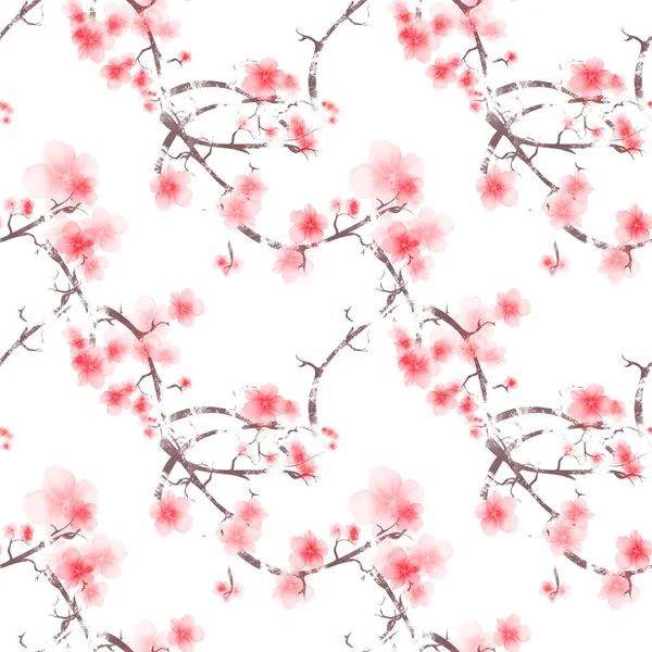 抽象的なシームレスな赤トーンの日本の桜の花白の背景に枝模様のイラスト — ストック写真