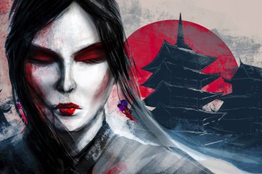 Japon geyşalarının resim çizimi. Arka planda kan lekeleri ve antik binalar olan kadın yüzü..