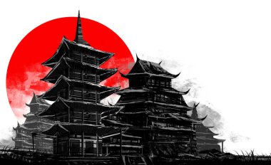 Beyaz arka planda, kırmızı güneşli antik Japon şehir binalarının çizimleri..