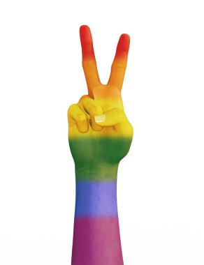 LGBT gurur bayrağında renklendirilmiş zafer jesti ile yalıtılmış kadın eli.