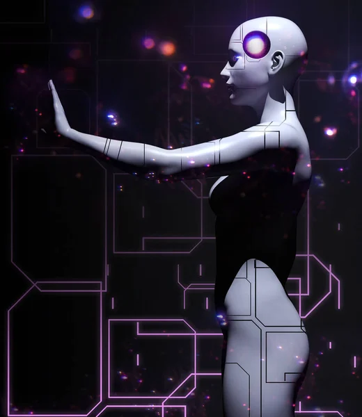 Renderillustration Von Roboterinnen Die Auf Dunkel Gefärbten Glühenden Cyberspace Hintergrundprofilen — Stockfoto