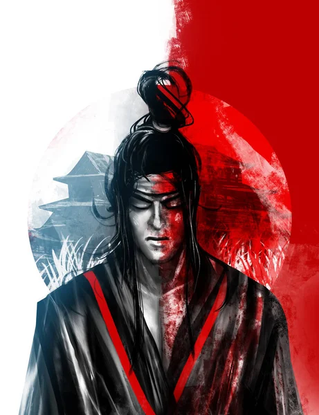 Obra Arte Ilustración Samurai Japonés Guerrero Dividido Mal Lado Bueno — Foto de Stock